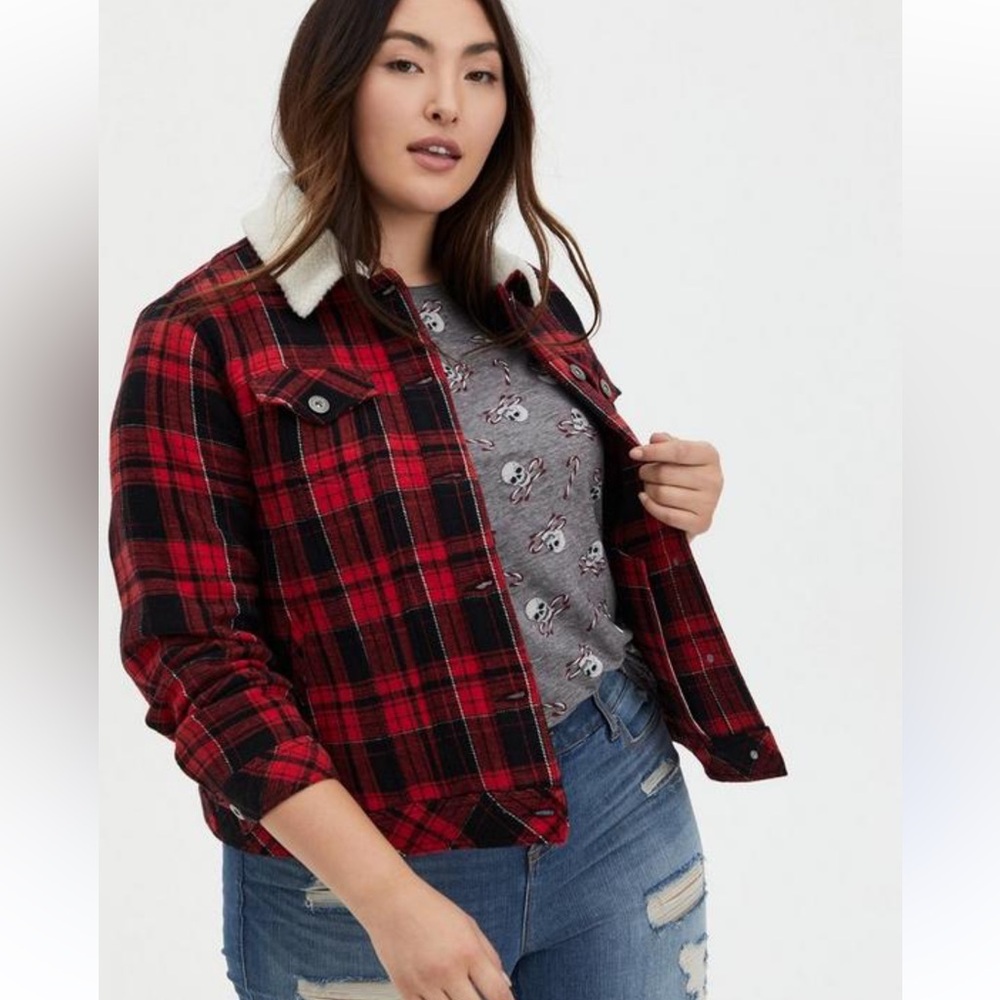 Torrid Sherpa Lined Trucker Plaid Red and Black Women's Jacket Size 3X